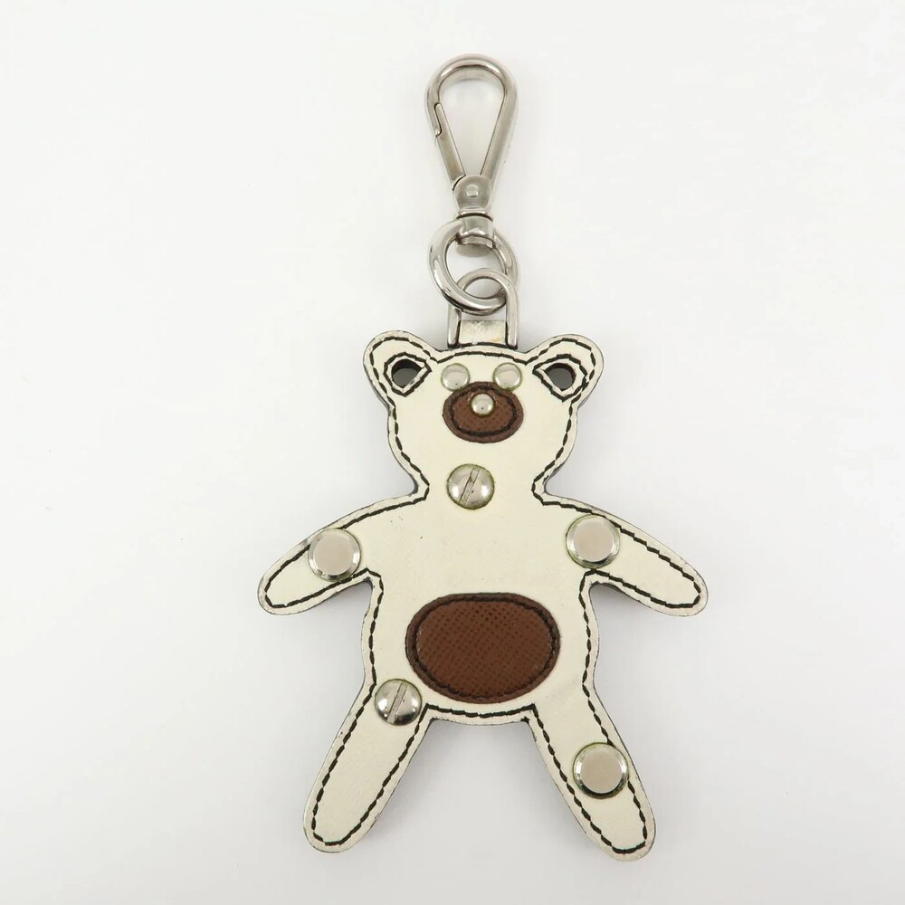 6541 - Prada Saffiano Leather Bear Bag Charm Key Holder Ivory Brown - Saffiano L